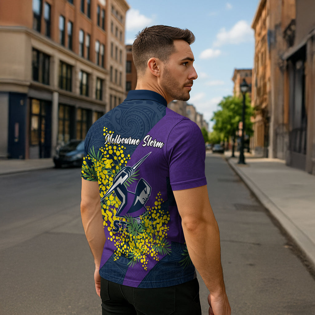 Melbourne Storm Zipper Polo Shirt Golden Wattle Floral Polynesian - Australian Flower - Rugby Mascot