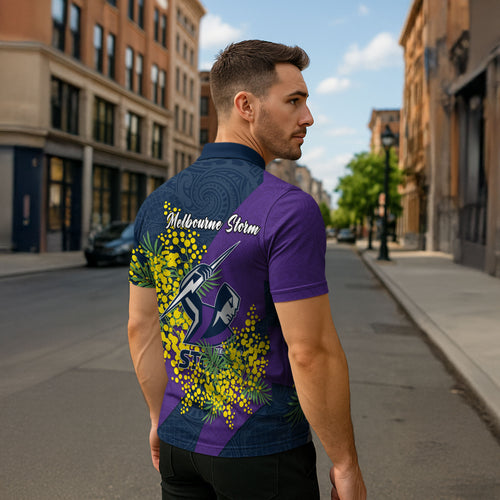 Melbourne Storm Zipper Polo Shirt Golden Wattle Floral Polynesian - Australian Flower - Rugby Mascot