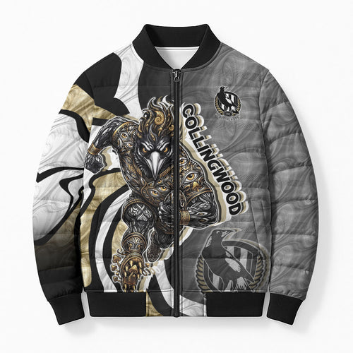 Personalised Collingwood Magpies Bomber Puffer Jacket Trippy Psychedelic Abstract Art Mascot Football Fans