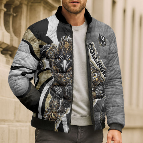 Personalised Collingwood Magpies Bomber Puffer Jacket Trippy Psychedelic Abstract Art Mascot Football Fans