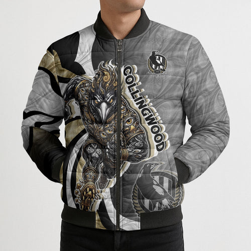 Personalised Collingwood Magpies Bomber Puffer Jacket Trippy Psychedelic Abstract Art Mascot Football Fans