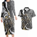 Personalised Collingwood Magpies Couples Matching Long Sleeve Bodycon Dress and Hawaiian Shirt Trippy Psychedelic Abstract Art Mascot Football Fans