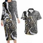 Personalised Collingwood Magpies Couples Matching Long Sleeve Bodycon Dress and Hawaiian Shirt Trippy Psychedelic Abstract Art Mascot Football Fans