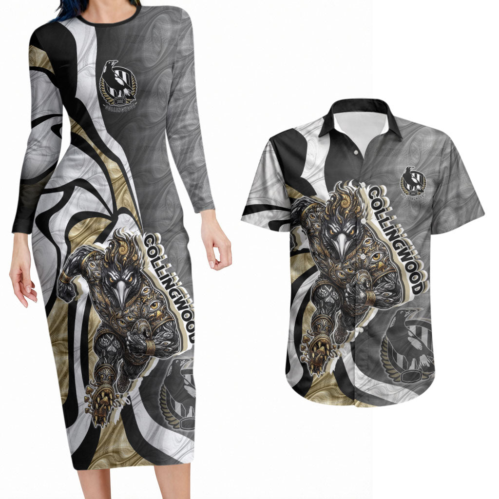 Personalised Collingwood Magpies Couples Matching Long Sleeve Bodycon Dress and Hawaiian Shirt Trippy Psychedelic Abstract Art Mascot Football Fans