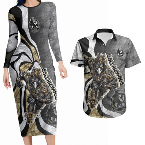 Personalised Collingwood Magpies Couples Matching Long Sleeve Bodycon Dress and Hawaiian Shirt Trippy Psychedelic Abstract Art Mascot Football Fans