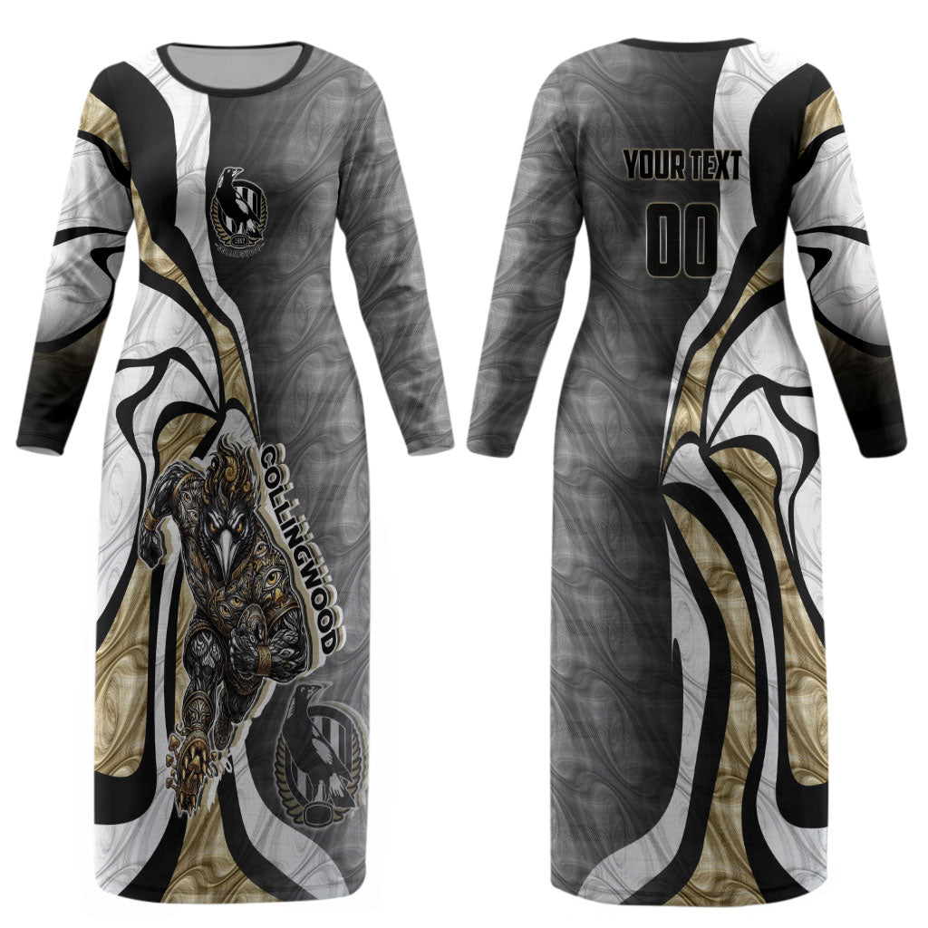 Personalised Collingwood Magpies Couples Matching Long Sleeve Bodycon Dress and Hawaiian Shirt Trippy Psychedelic Abstract Art Mascot Football Fans