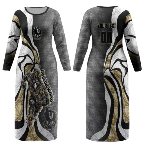 Personalised Collingwood Magpies Couples Matching Long Sleeve Bodycon Dress and Hawaiian Shirt Trippy Psychedelic Abstract Art Mascot Football Fans