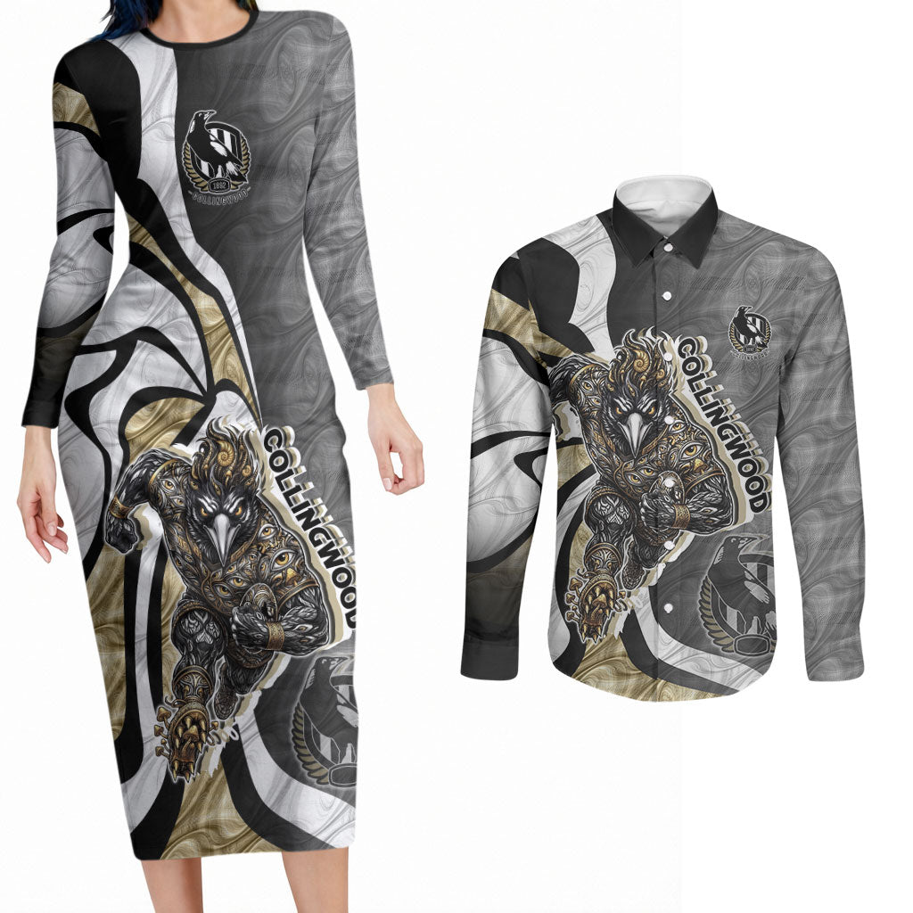 Personalised Collingwood Magpies Couples Matching Long Sleeve Bodycon Dress and Long Sleeve Button Shirt Trippy Psychedelic Abstract Art Mascot Football Fans