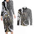 Personalised Collingwood Magpies Couples Matching Long Sleeve Bodycon Dress and Long Sleeve Button Shirt Trippy Psychedelic Abstract Art Mascot Football Fans