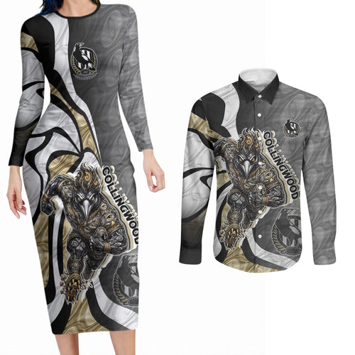 Personalised Collingwood Magpies Couples Matching Long Sleeve Bodycon Dress and Long Sleeve Button Shirt Trippy Psychedelic Abstract Art Mascot Football Fans