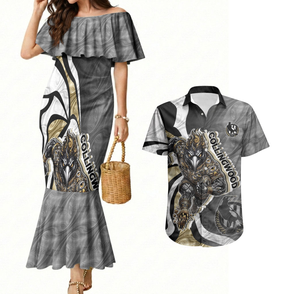 Personalised Collingwood Magpies Couples Matching Mermaid Dress and Hawaiian Shirt Trippy Psychedelic Abstract Art Mascot Football Fans