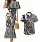 Personalised Collingwood Magpies Couples Matching Mermaid Dress and Hawaiian Shirt Trippy Psychedelic Abstract Art Mascot Football Fans