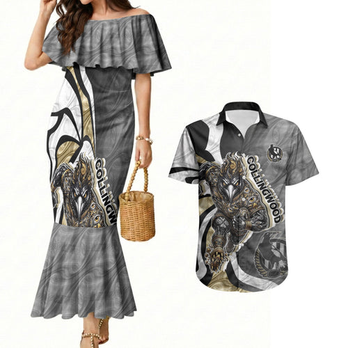 Personalised Collingwood Magpies Couples Matching Mermaid Dress and Hawaiian Shirt Trippy Psychedelic Abstract Art Mascot Football Fans