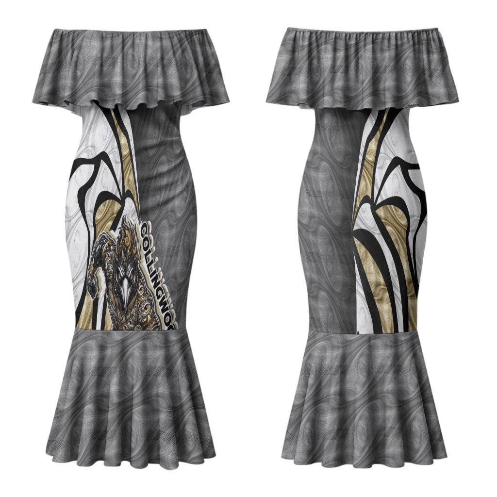 Personalised Collingwood Magpies Couples Matching Mermaid Dress and Hawaiian Shirt Trippy Psychedelic Abstract Art Mascot Football Fans