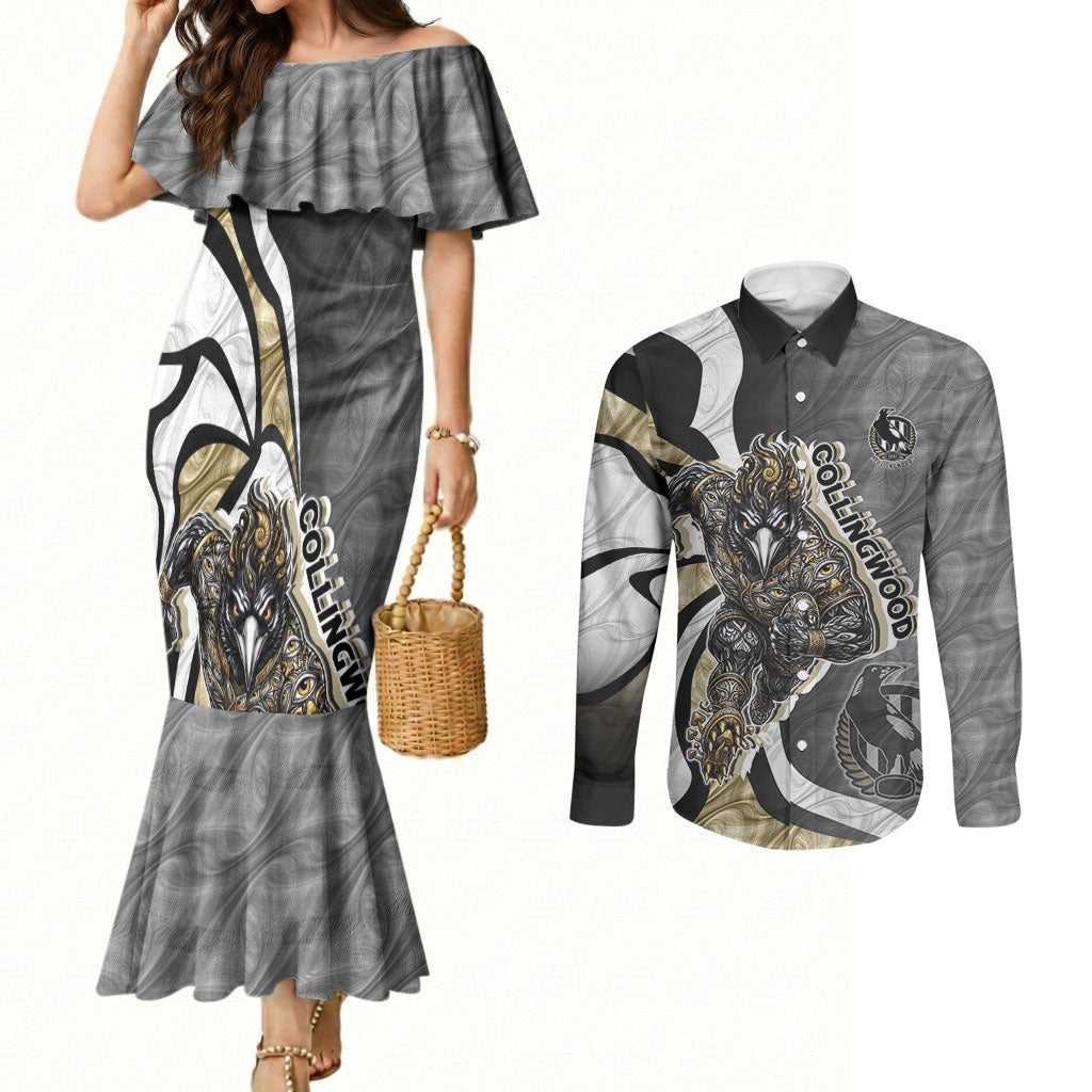 Personalised Collingwood Magpies Couples Matching Mermaid Dress and Long Sleeve Button Shirt Trippy Psychedelic Abstract Art Mascot Football Fans
