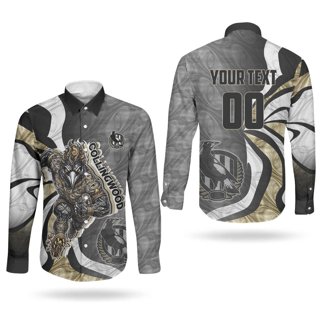 Personalised Collingwood Magpies Couples Matching Mermaid Dress and Long Sleeve Button Shirt Trippy Psychedelic Abstract Art Mascot Football Fans