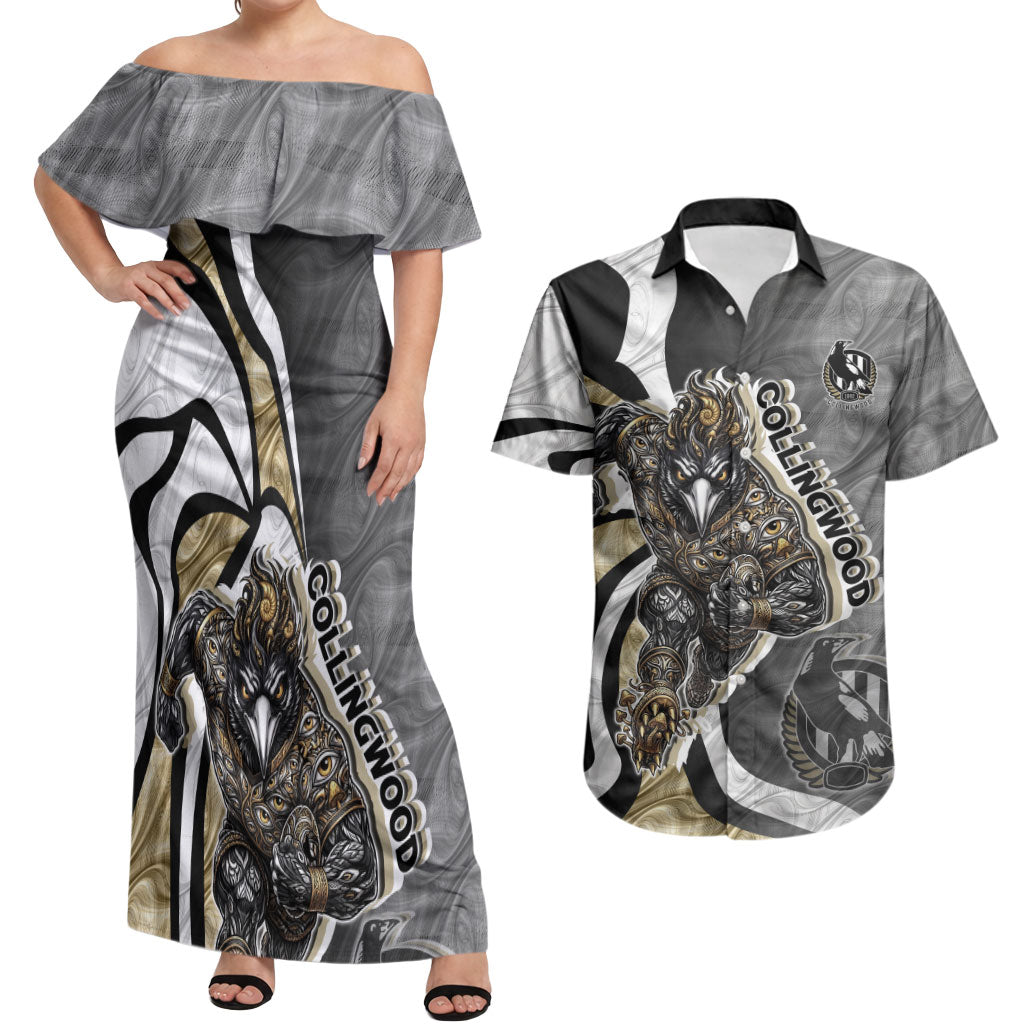 Personalised Collingwood Magpies Couples Matching Off Shoulder Maxi Dress and Hawaiian Shirt Trippy Psychedelic Abstract Art Mascot Football Fans