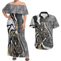 Personalised Collingwood Magpies Couples Matching Off Shoulder Maxi Dress and Hawaiian Shirt Trippy Psychedelic Abstract Art Mascot Football Fans