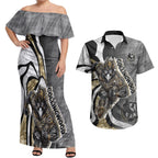 Personalised Collingwood Magpies Couples Matching Off Shoulder Maxi Dress and Hawaiian Shirt Trippy Psychedelic Abstract Art Mascot Football Fans