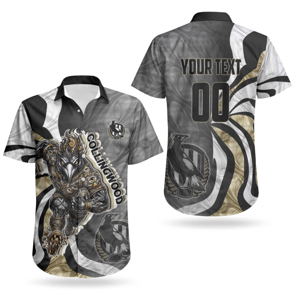 Personalised Collingwood Magpies Couples Matching Off Shoulder Maxi Dress and Hawaiian Shirt Trippy Psychedelic Abstract Art Mascot Football Fans