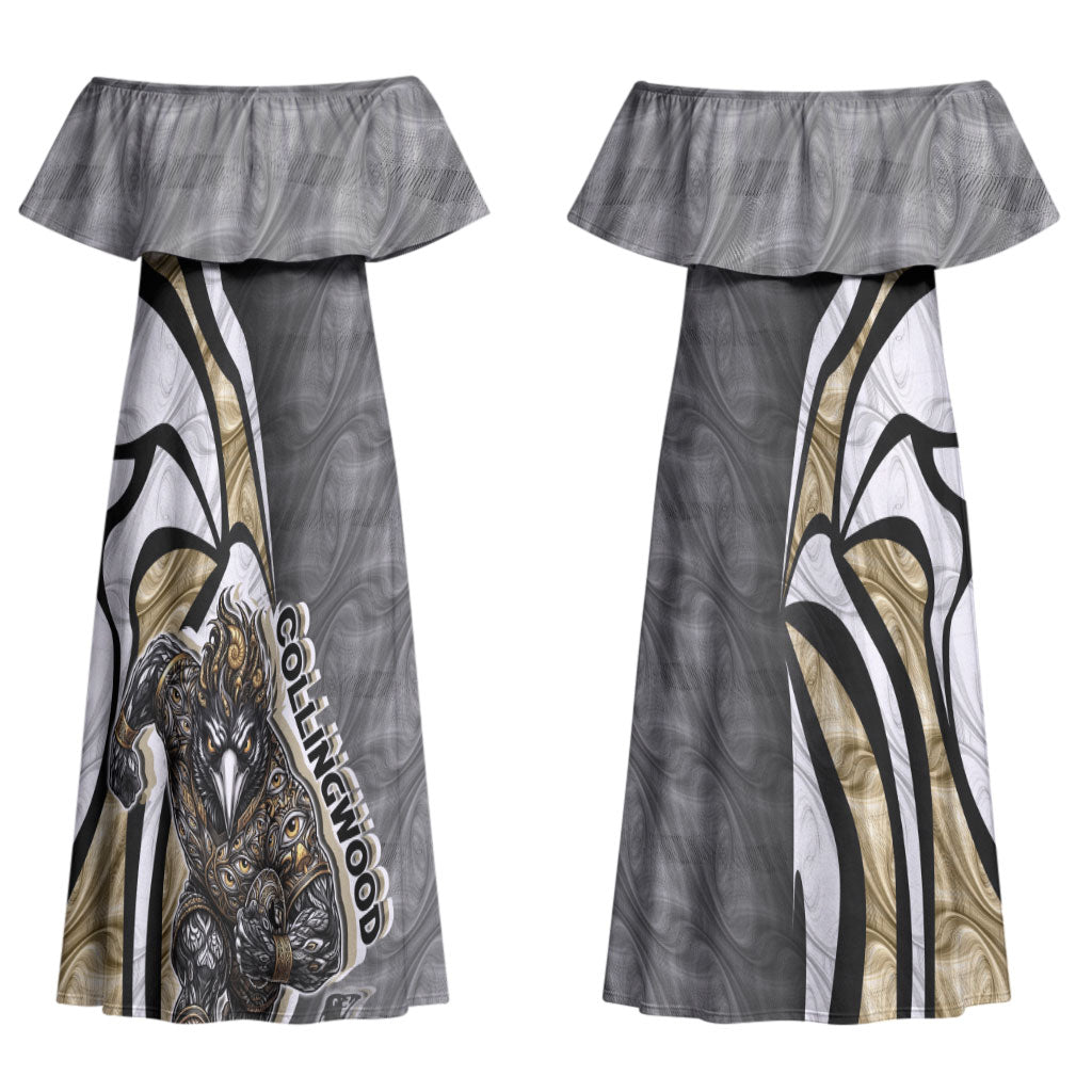 Personalised Collingwood Magpies Couples Matching Off Shoulder Maxi Dress and Hawaiian Shirt Trippy Psychedelic Abstract Art Mascot Football Fans