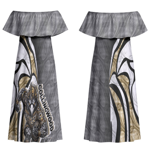 Personalised Collingwood Magpies Couples Matching Off Shoulder Maxi Dress and Hawaiian Shirt Trippy Psychedelic Abstract Art Mascot Football Fans