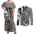 Personalised Collingwood Magpies Couples Matching Off Shoulder Maxi Dress and Long Sleeve Button Shirt Trippy Psychedelic Abstract Art Mascot Football Fans