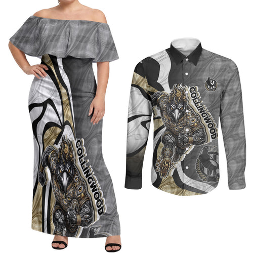 Personalised Collingwood Magpies Couples Matching Off Shoulder Maxi Dress and Long Sleeve Button Shirt Trippy Psychedelic Abstract Art Mascot Football Fans