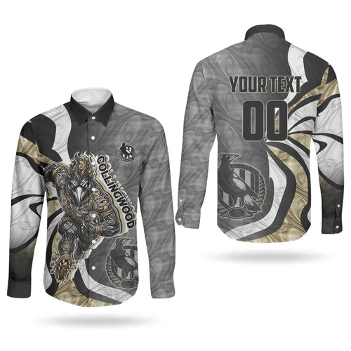 Personalised Collingwood Magpies Couples Matching Off Shoulder Maxi Dress and Long Sleeve Button Shirt Trippy Psychedelic Abstract Art Mascot Football Fans