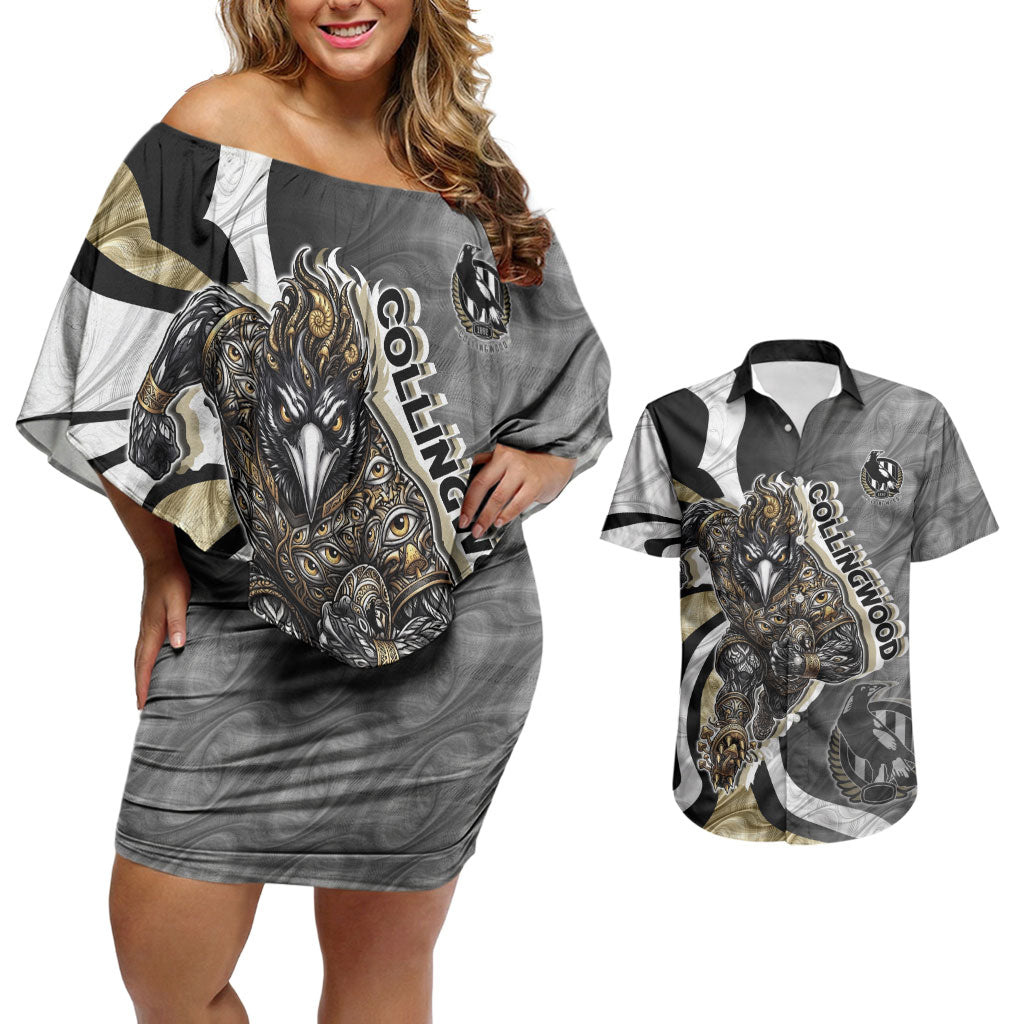 Personalised Collingwood Magpies Couples Matching Off Shoulder Short Dress and Hawaiian Shirt Trippy Psychedelic Abstract Art Mascot Football Fans