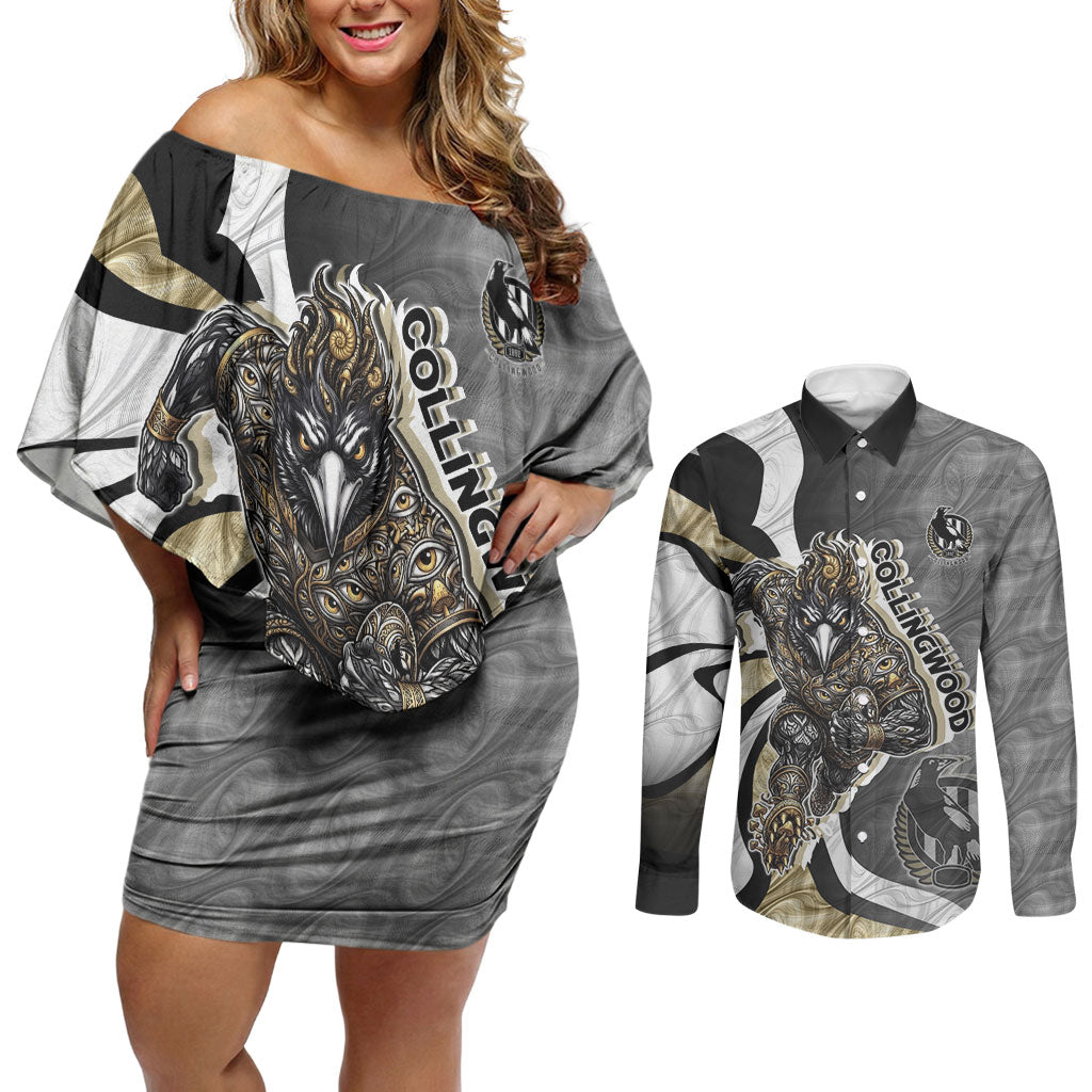 Personalised Collingwood Magpies Couples Matching Off Shoulder Short Dress and Long Sleeve Button Shirt Trippy Psychedelic Abstract Art Mascot Football Fans