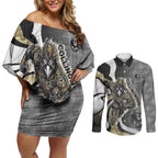 Personalised Collingwood Magpies Couples Matching Off Shoulder Short Dress and Long Sleeve Button Shirt Trippy Psychedelic Abstract Art Mascot Football Fans