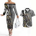 Personalised Collingwood Magpies Couples Matching Off The Shoulder Long Sleeve Dress and Hawaiian Shirt Trippy Psychedelic Abstract Art Mascot Football Fans