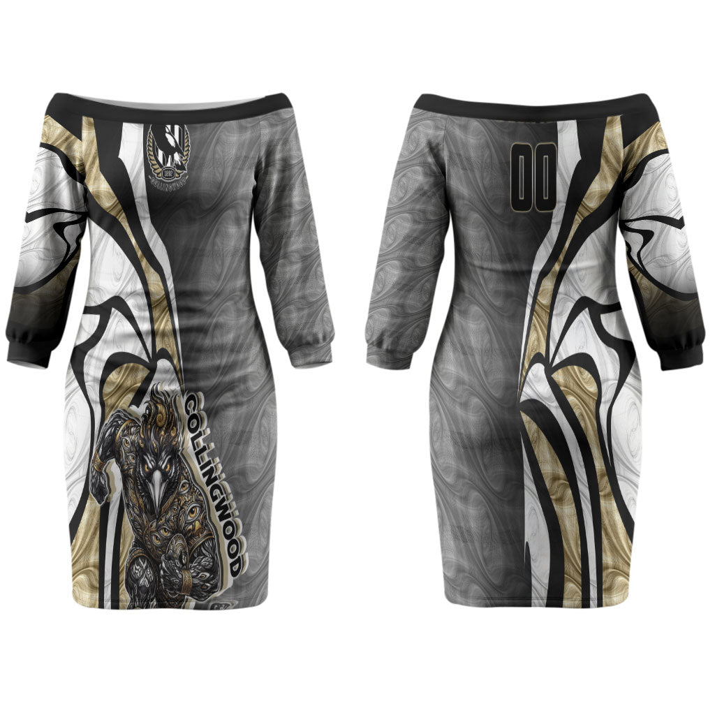 Personalised Collingwood Magpies Couples Matching Off The Shoulder Long Sleeve Dress and Hawaiian Shirt Trippy Psychedelic Abstract Art Mascot Football Fans