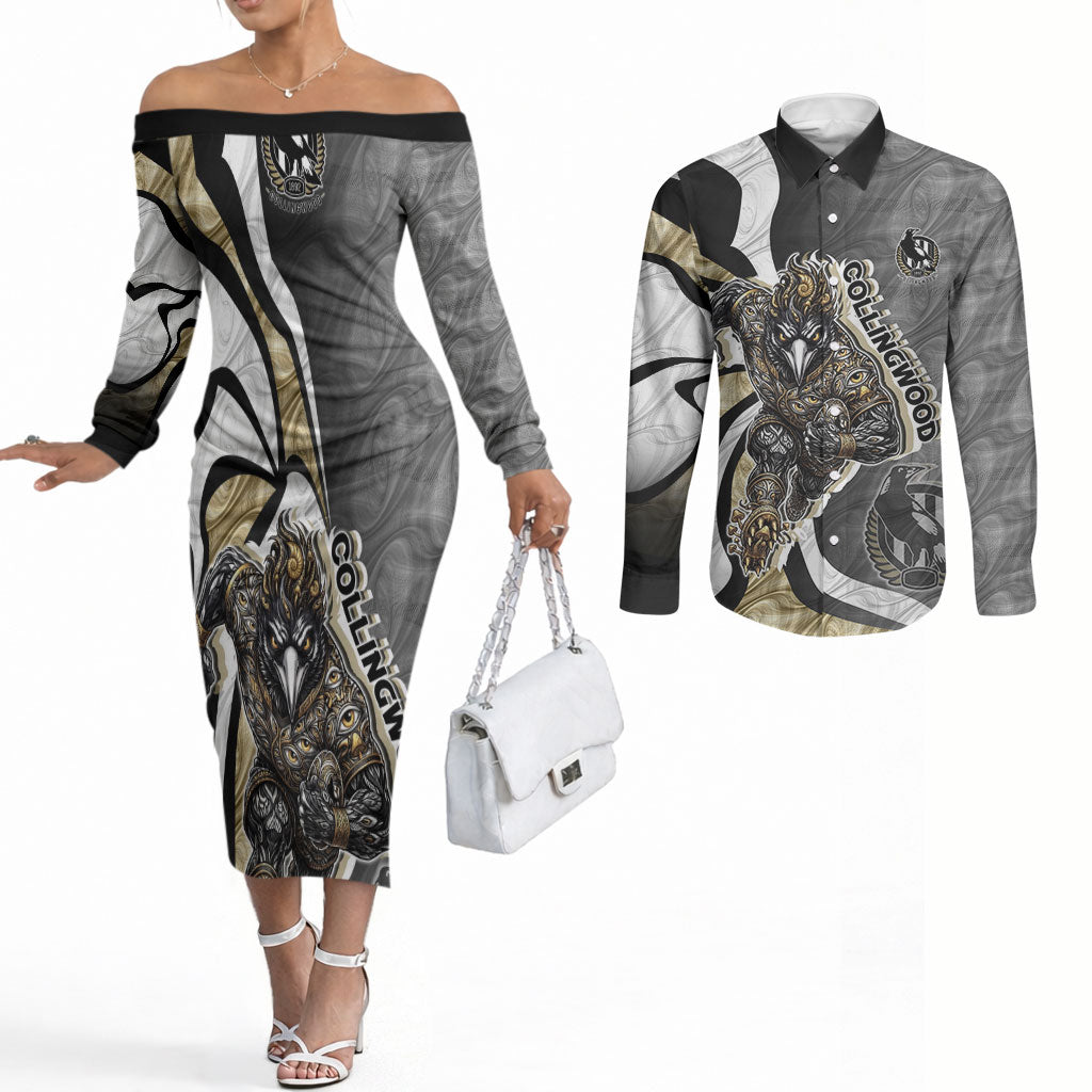 Personalised Collingwood Magpies Couples Matching Off The Shoulder Long Sleeve Dress and Long Sleeve Button Shirt Trippy Psychedelic Abstract Art Mascot Football Fans