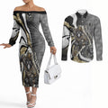 Personalised Collingwood Magpies Couples Matching Off The Shoulder Long Sleeve Dress and Long Sleeve Button Shirt Trippy Psychedelic Abstract Art Mascot Football Fans