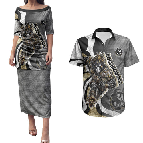Personalised Collingwood Magpies Couples Matching Puletasi and Hawaiian Shirt Trippy Psychedelic Abstract Art Mascot Football Fans