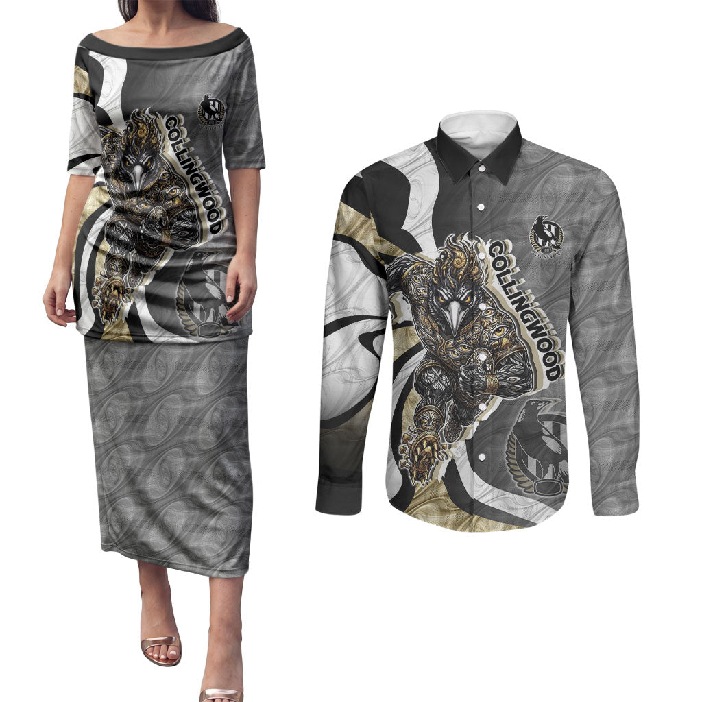 Personalised Collingwood Magpies Couples Matching Puletasi and Long Sleeve Button Shirt Trippy Psychedelic Abstract Art Mascot Football Fans