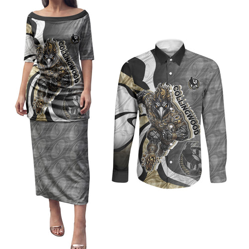 Personalised Collingwood Magpies Couples Matching Puletasi and Long Sleeve Button Shirt Trippy Psychedelic Abstract Art Mascot Football Fans