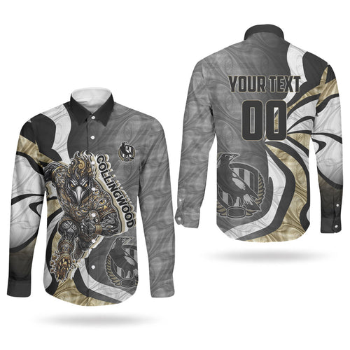 Personalised Collingwood Magpies Couples Matching Puletasi and Long Sleeve Button Shirt Trippy Psychedelic Abstract Art Mascot Football Fans