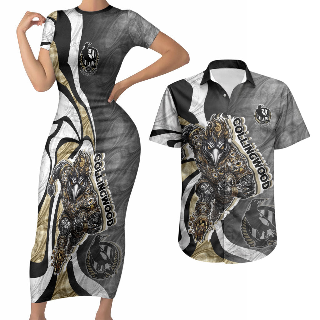 Personalised Collingwood Magpies Couples Matching Short Sleeve Bodycon Dress and Hawaiian Shirt Trippy Psychedelic Abstract Art Mascot Football Fans