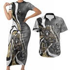 Personalised Collingwood Magpies Couples Matching Short Sleeve Bodycon Dress and Hawaiian Shirt Trippy Psychedelic Abstract Art Mascot Football Fans