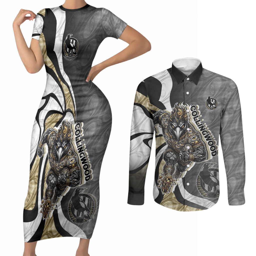 Personalised Collingwood Magpies Couples Matching Short Sleeve Bodycon Dress and Long Sleeve Button Shirt Trippy Psychedelic Abstract Art Mascot Football Fans