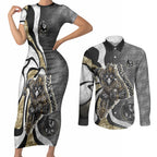 Personalised Collingwood Magpies Couples Matching Short Sleeve Bodycon Dress and Long Sleeve Button Shirt Trippy Psychedelic Abstract Art Mascot Football Fans
