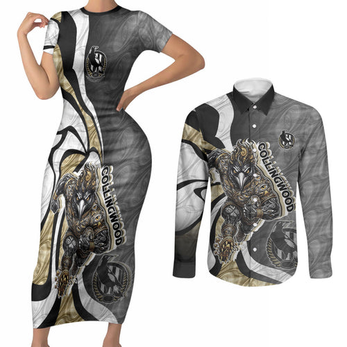 Personalised Collingwood Magpies Couples Matching Short Sleeve Bodycon Dress and Long Sleeve Button Shirt Trippy Psychedelic Abstract Art Mascot Football Fans
