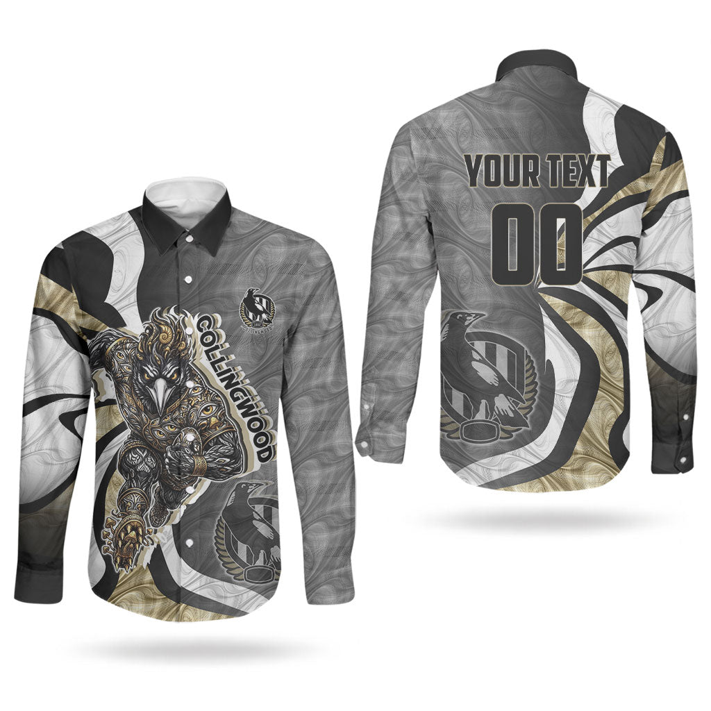 Personalised Collingwood Magpies Couples Matching Short Sleeve Bodycon Dress and Long Sleeve Button Shirt Trippy Psychedelic Abstract Art Mascot Football Fans