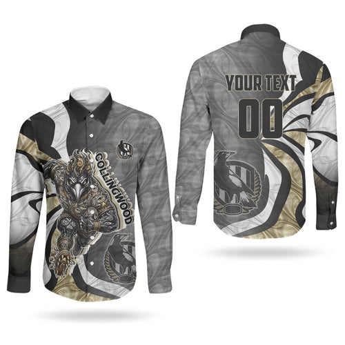 Personalised Collingwood Magpies Couples Matching Short Sleeve Bodycon Dress and Long Sleeve Button Shirt Trippy Psychedelic Abstract Art Mascot Football Fans