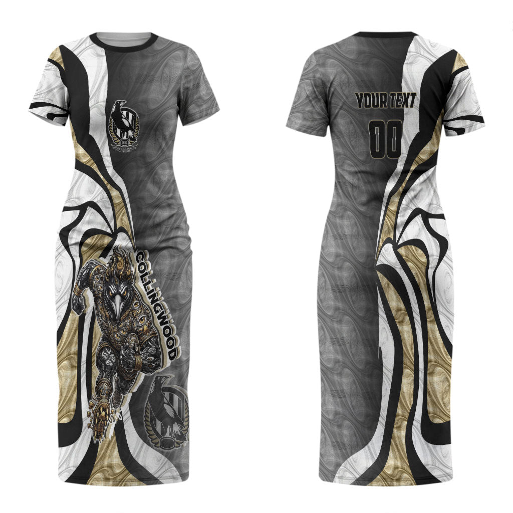 Personalised Collingwood Magpies Couples Matching Short Sleeve Bodycon Dress and Long Sleeve Button Shirt Trippy Psychedelic Abstract Art Mascot Football Fans