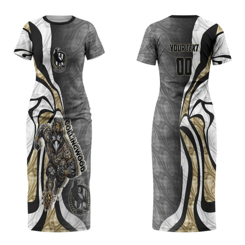 Personalised Collingwood Magpies Couples Matching Short Sleeve Bodycon Dress and Long Sleeve Button Shirt Trippy Psychedelic Abstract Art Mascot Football Fans