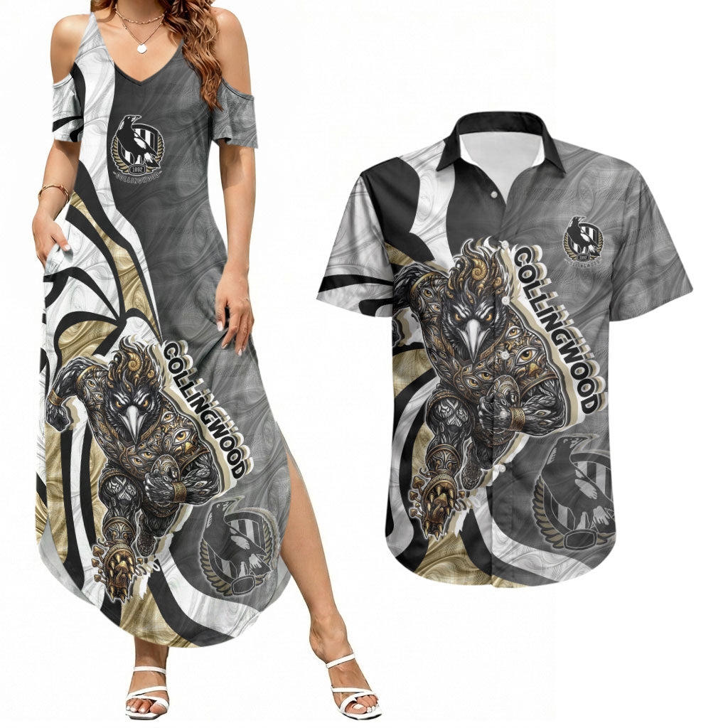 Personalised Collingwood Magpies Couples Matching Summer Maxi Dress and Hawaiian Shirt Trippy Psychedelic Abstract Art Mascot Football Fans